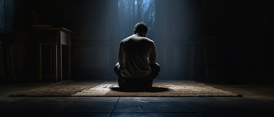 Religious, sad young man praying to God in a dark room. Sunlight coming through the window.	 - obrazy, fototapety, plakaty