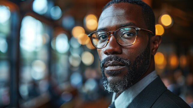 Professional man in a suit and glasses gazing confidently in a bustling cafe during late afternoon hours