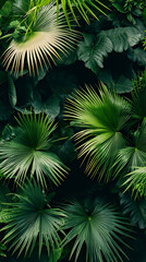 Lush green palm leaves with striking light contrasts, creating a dense tropical backdrop