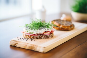 sesame bagel with chive cream cheese on a wooden board - obrazy, fototapety, plakaty