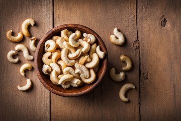 Cashew nuts on bowl top view on wodden table