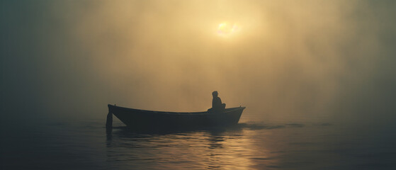 A lonely man sitting in a boat in the middle of a lake or sea. Overcast, foggy, misty wheather. Sunlight filtering through the fog. - obrazy, fototapety, plakaty