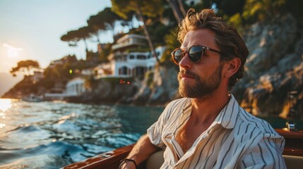 Fototapeta premium Man enjoying a serene boat ride along a picturesque coast at sunset, surrounded by lush trees and elegant homes