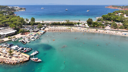 Aerial drone photo of famous celebrity sandy beach of Astir or Asteras in south Athens riviera with...