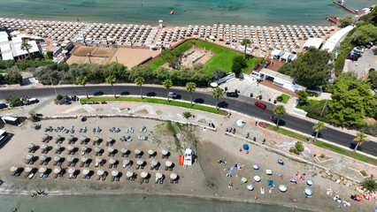Aerial drone photo of famous celebrity sandy beach of Astir or Asteras in south Athens riviera with...