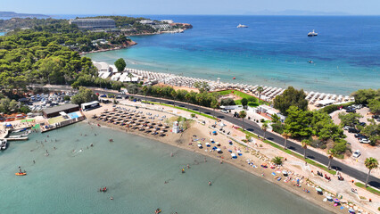 Aerial drone photo of famous celebrity sandy beach of Astir or Asteras in south Athens riviera with...