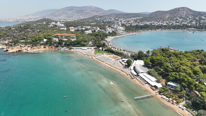 Aerial drone photo of famous celebrity sandy beach of Astir or Asteras in south Athens riviera with...