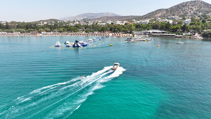 Aerial drone photo of famous celebrity sandy beach of Astir or Asteras in south Athens riviera with...