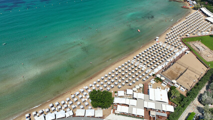 Aerial drone photo of famous celebrity sandy beach of Astir or Asteras in south Athens riviera with...