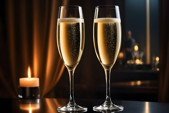 Champagne glasses, clinking in a dark, romantic setting, subtle lighting casting gentle reflections on the crystal surfaces. Generative AI