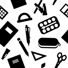 Seamless pattern of student's school supplies: book, notebook, pencil, pen, calculator, scissors, ruler, pencil case. Vector illustration.