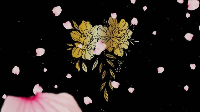 Animation of white petals over flowers on black background