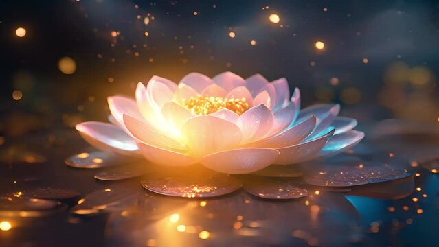 Pink lotus flower with magical sparkling lights. Meditation design. lily flower. Lotus flower symbol great for spa and relaxation atmosphere. Concept of religion, kundalini, meditation, healthcare, yo