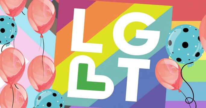 Animation of lgbt text and balloons on lgbt flag background
