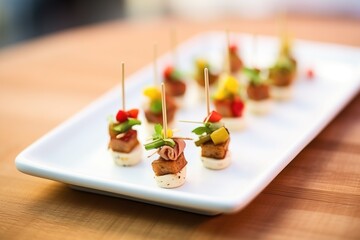 mini sausages served as appetizers on skewers - obrazy, fototapety, plakaty
