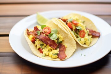 freshly made tacos with scrambled eggs and bacon on a white plate