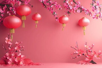 3d China new Year   upon golden color floating clouds with hanging lanterns background, Happy New...