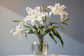 An artistically rendered depiction of a single pristine lily, elegantly placed in a clear glass, exuding a sense of purity and simplicity against a calm and unassuming backdrop.