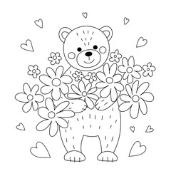 Teddy bear with flowers. Illustration for Valentine's day. Linear drawing for coloring. - 706301312