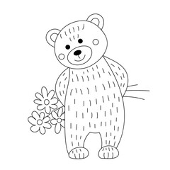 Teddy bear with flowers. Illustration for Valentine's day. Linear drawing for coloring. - 706301316
