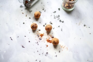 high angle of cacao balls on a marble surface
