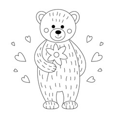 Teddy bear with flowers. Illustration for Valentine's day. Linear drawing for coloring. - 706301331