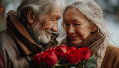 Elderly couple in love near restaurant and enjoying time together. Concept of Valentine's Day, Love, Relationships, Romantic