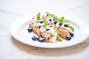 fresh cannoli with creamy filling on white plate