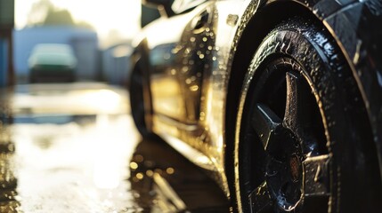 A close-up view of a car covered in water. This image can be used to depict a rainy day or a car after a heavy downpour