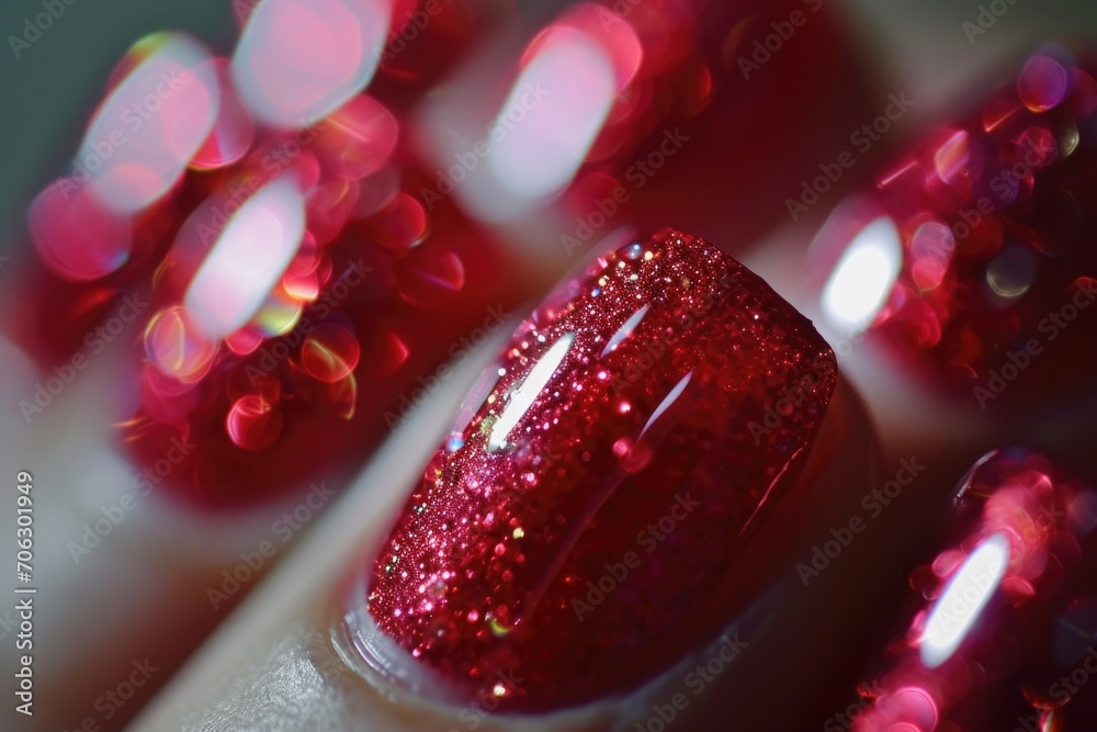 Poster a close-up view of a person's nails adorned with red glitter. perfect for adding a touch of glamour 