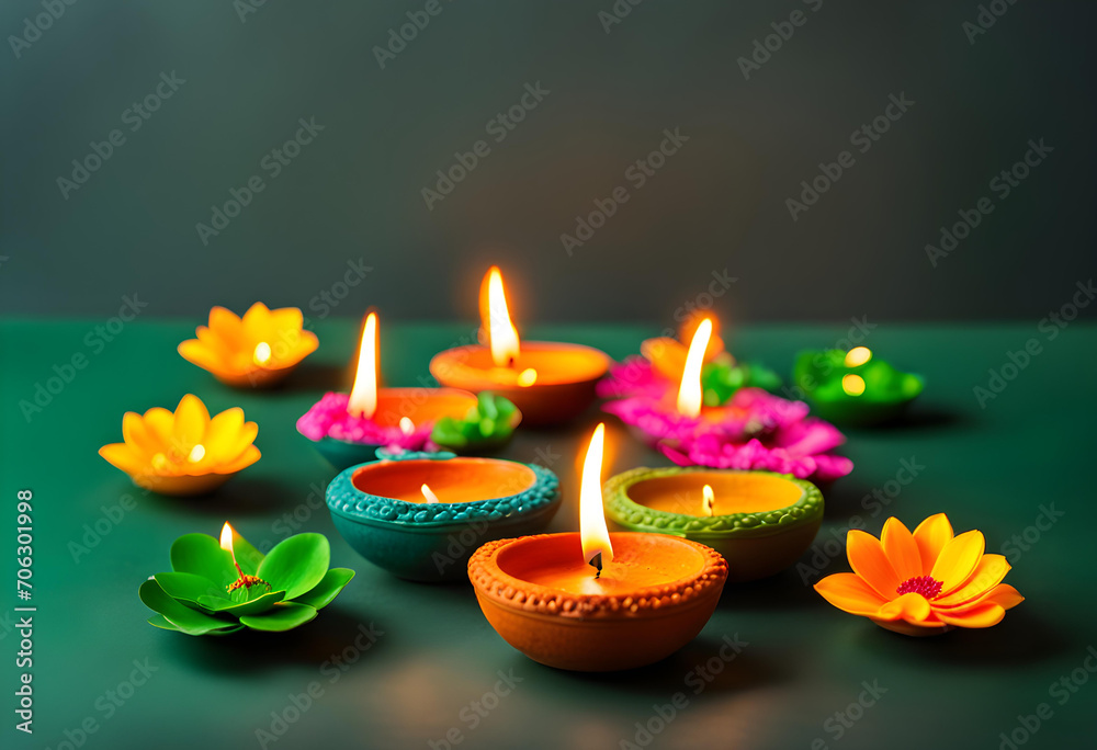 Wall mural clay diya lamp lits to celebrate for diwali festival