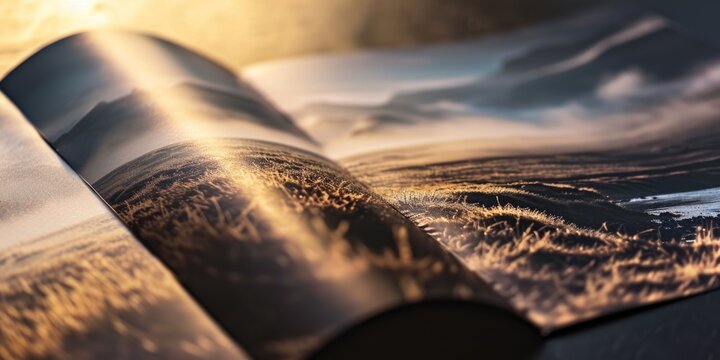 An open book featuring a picture of a beautiful landscape. Perfect for illustrating nature, travel, or storytelling themes