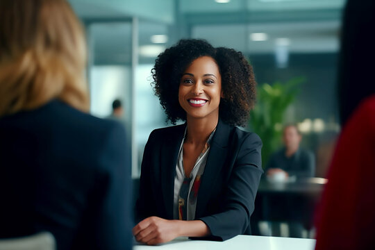 Business meeting between man and woman in office workplace environment interview hire enrol introduce or conclude deal introduce each other in casual happy relaxed atmosphere