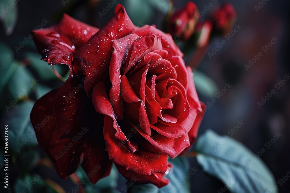 Poster A detailed close-up of a red rose covered in sparkling water droplets. Perfect for adding a touch of elegance and romance to any project or design