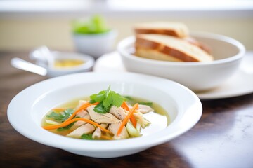 steaming chicken noodle soup in white bowl, side bread
