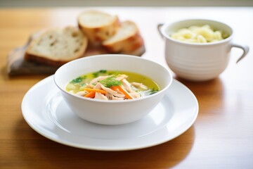 steaming chicken noodle soup in white bowl, side bread
