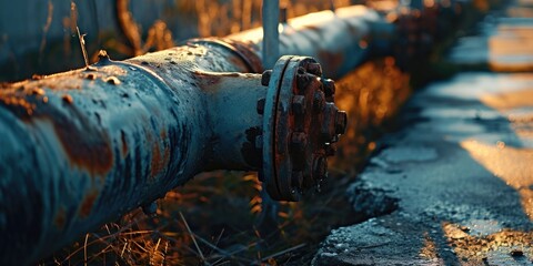 A weathered and rusty pipe lying on the side of a road. Perfect for industrial and urban-themed projects - obrazy, fototapety, plakaty