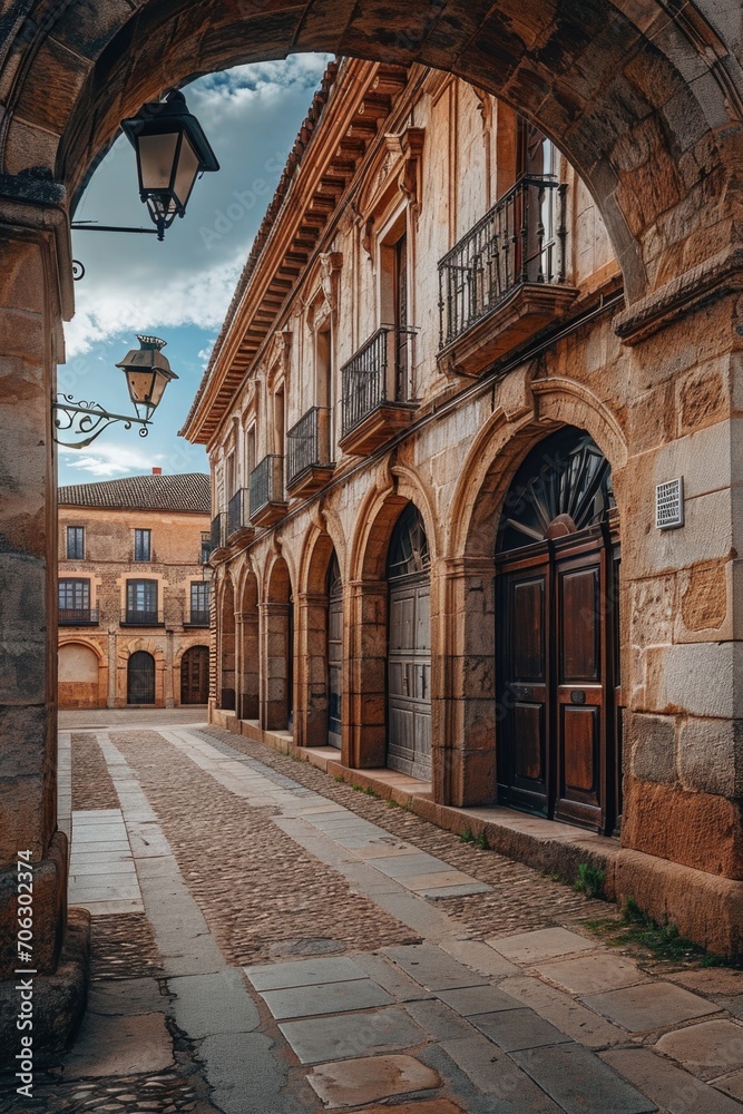 Poster An archway leading to a building with a clock on it. Suitable for architectural and historical concepts