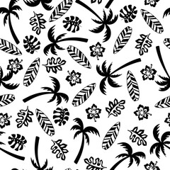 Summer seamless pattern. Palms, flowers and surfboard
