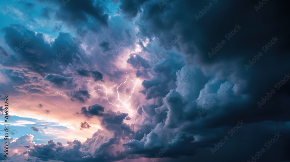 Poster A powerful thunderstorm captured within a massive cloud. Ideal for illustrating the intensity and beauty of a storm. Perfect for weather-related articles, blog posts, or educational materials