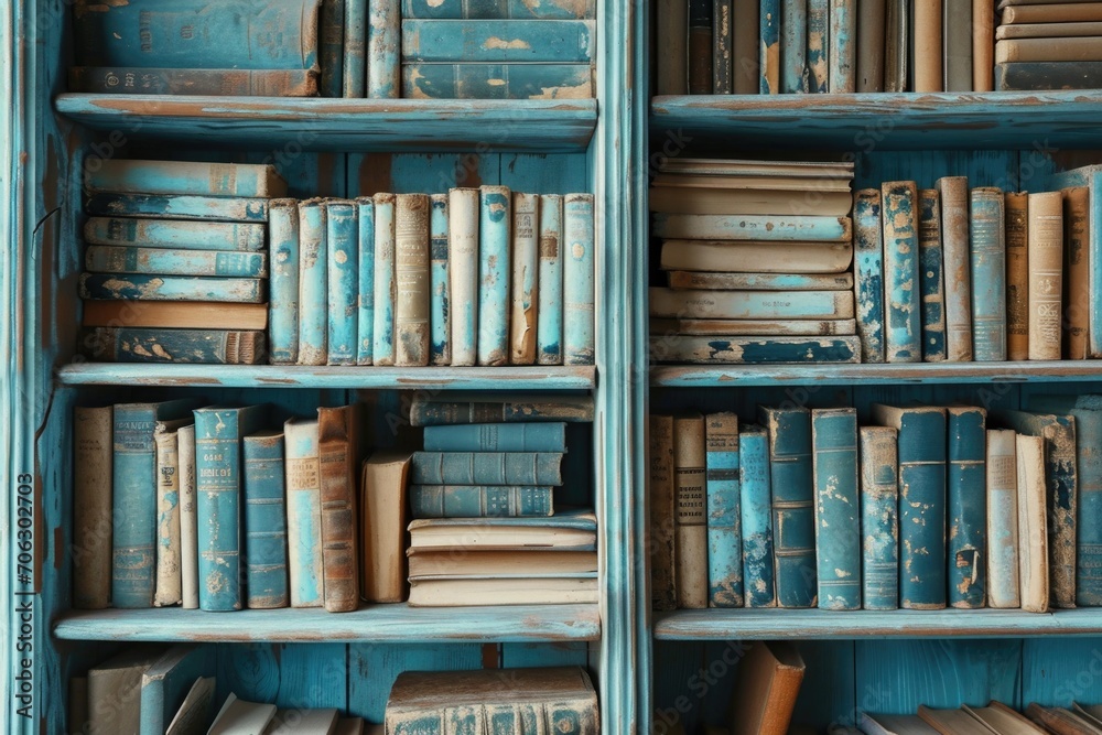 Poster An image showcasing a bookshelf filled with a wide variety of old and vintage books. Perfect for adding a touch of nostalgia and intellectual ambiance to any setting