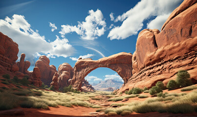 A realistic natural landscape of Arches Park in muted colors.