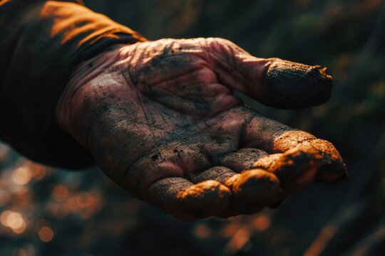A close-up view of a person's hand covered in dirt. This image can be used to depict hard work, gardening, or manual labor