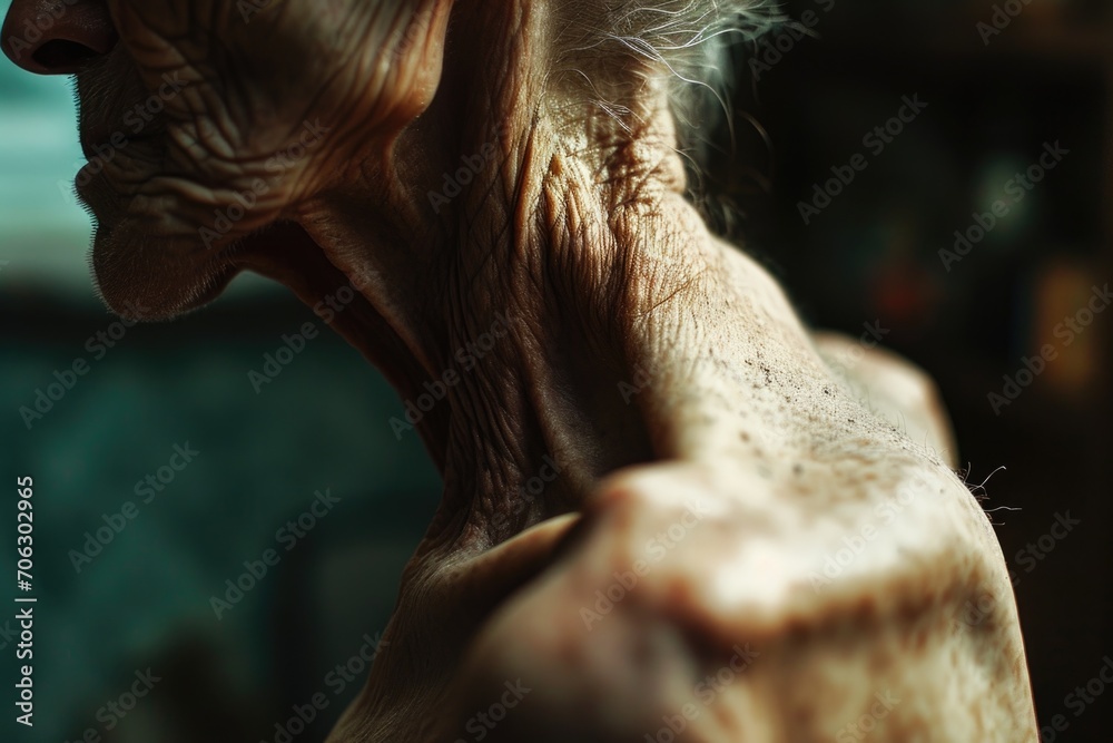 Poster close-up view of a person's face and neck. suitable for various uses