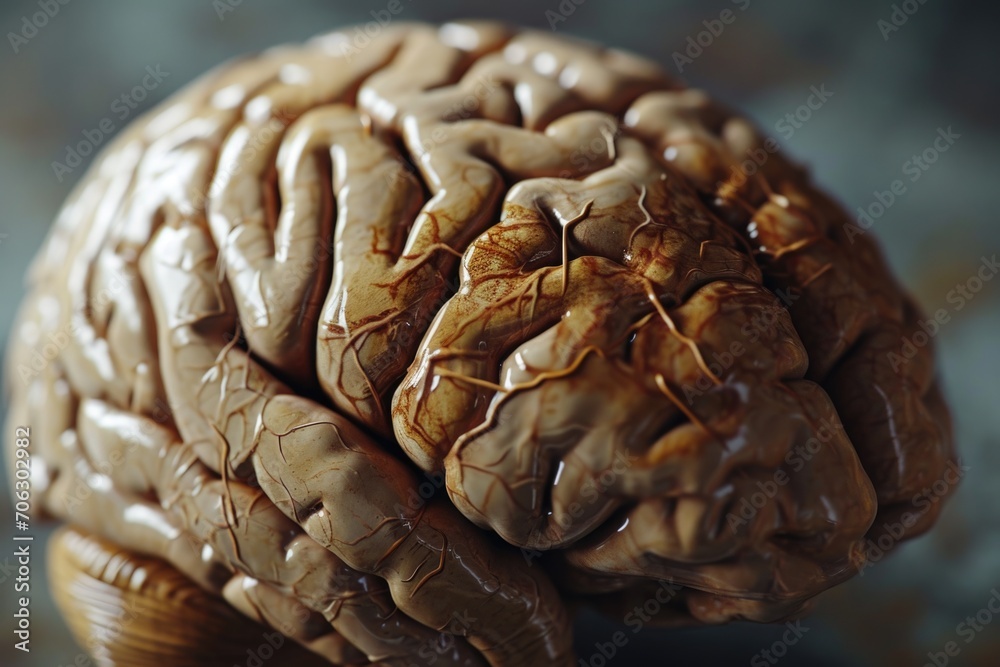 Poster a detailed close-up view of a human brain resting on a table. this image can be used to depict medic