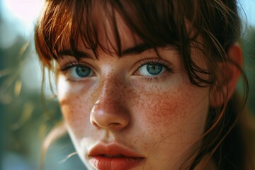 A close up shot of a woman with freckles on her face. Perfect for beauty, skincare, and natural look concepts