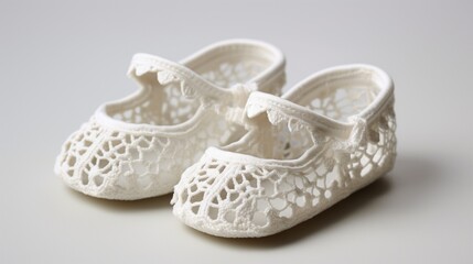 the tiny elegance of baby chapal shoes, focusing on their intricate lacework and delicate features against a pristine white surface.