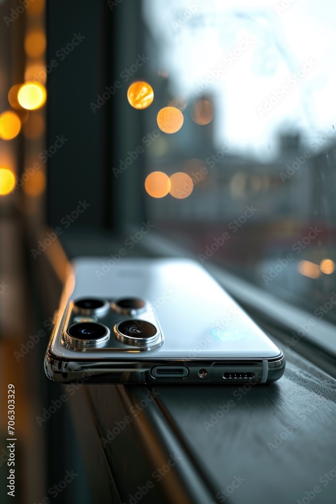Poster A close up of a cell phone resting on a window sill. Suitable for technology-related content and lifestyle themes