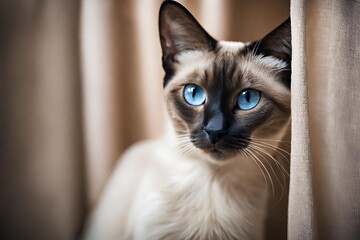 A curious Siamese cat peeking out from behind a curtain