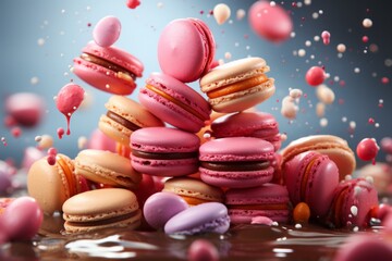 Levitating macaroons of different colors, Multicolored French macarons in a color explosion on light background. Macarons, sweet color macarons isolated on transparent background, transparency